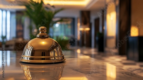 A gold tray with a silver dome sits on a black countertop in a hotel lobby