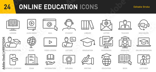 Online Education and E-learning web icon set in line style. E-book, video tutorial, mentor, distance learning, video and audio courses, collection. Vector illustration.