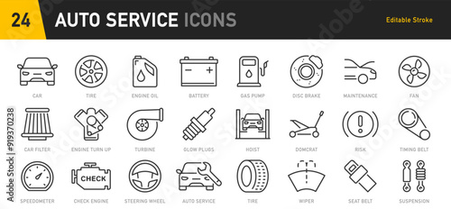 Auto service and garage web icons in line style. Car, automobile, wash, shop, oil, maintenance, engine, diagnostic, rapair, tire. Vector illustration.