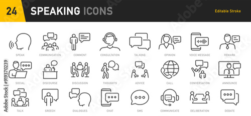 Speaking web icon in line style. Chat, speech bubble, talking, point, chat, support, message, phone, globe, call, info collection. Vector illustration.
