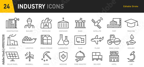 Industry web icons in line style. Mass production, manipulator, factories, mine, collection. Vector illustration.
