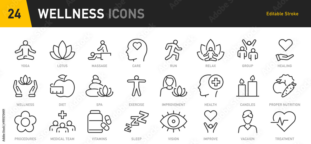 Wellness web icon set in line style. Relaxation, spa, sleep, yoga, health, lifestyle, spiritual practice, meditation, collection. Vector illustration. Wellness web icon set in line style. Relaxation, spa, sleep, yoga, health, lifestyle, spiritual practice, meditation, collection. Vector illustration.