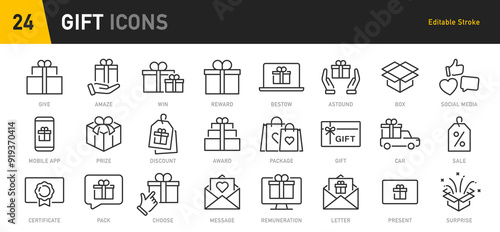 Gift web icons in line style. Bonus, award, prize, discount, birthday, gift box, collection. Vector illustration.