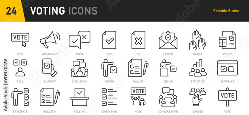 Voting web icons in line style. Vote box, candidates, form, approved, checklist, online, rating, collection. Vector illustration.