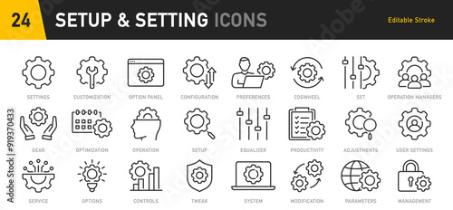 Setup and Settings web icons in line style. Options, download, update, configuration, gears, optimization, collection. Vector illustration.