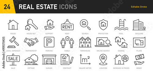 Real Estate web icons in line style. Rent, building, agent, house, auction, property, mortgage, home, realtor, collection. Vector illustration.
