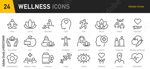 Wellness web icon set in line style. Relaxation, spa, sleep, yoga, health, lifestyle, spiritual practice, meditation, collection. Vector illustration.