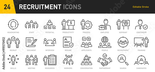 Recruitment web icons in line style. Headhunting, career, resume, work group, candidate, job hiring, collection. Vector illustration.