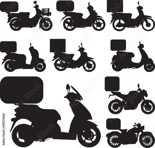 set of food delivery motorbike  silhouettes with many type of motorbike