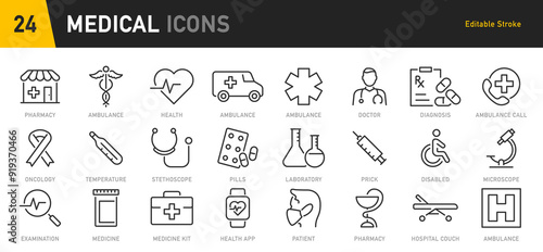 Set Medical and Healthcare web icons in line style. Medicine, RX, doctor, virus, testing, lab, scientific discovery, infographic collection. Vector illustration.