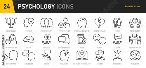 Psychology web icon set in line style. Psychologist, doctor, depression, psychological help, individual therapy, collection. Vector illustration.