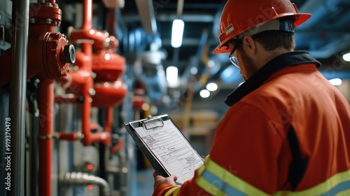 Generate a photo realistic image of technicians conducting maintenance inspection on fire safety equipment, with equipment maintenance checklist, fire alarm testing, 