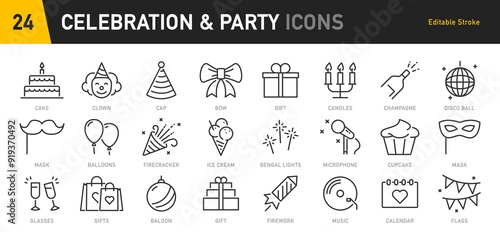 Celebration and Party web icons in line style. Birthday, dancing, happy new year, christmas, event, holidays, congrats, music, carnival, collection. Vector illustration.
