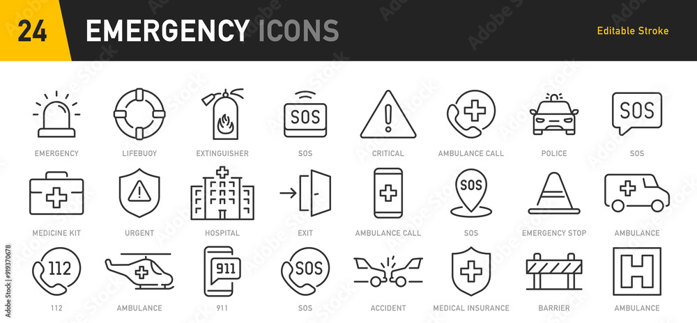 Emergency web icons in line style. Evacuation, SOS emergency call ...