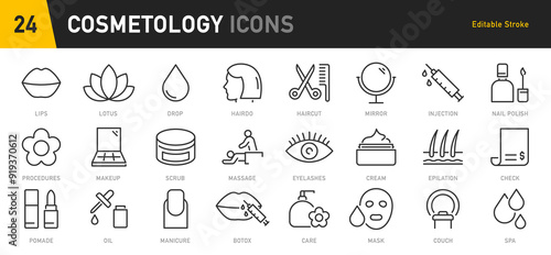 Cosmetology web icons in line style. Cosmetics, make up, fashion, salon, bodycare, beauty therapy, collection. Vector illustration.