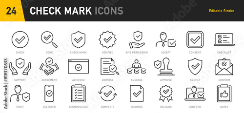 Checkmark and Approved web icon set in line style. Checklist, accepted, stamp, accept, agree, quality control, collection. Vector illustration.