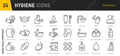 Hygiene web icon set in line style. Cleaning, washing hands, shower, seminar, soap, respiratory mask, antiseptic, clean, collection. Vector illustration.