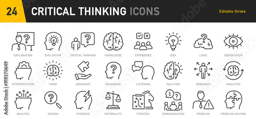 Critical thinking web icons in line style. Facts, think, analyzing, problem-solving, rational, decision making, collection. Vector illustration.