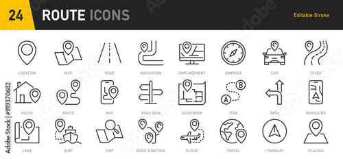 Route web icons in line style. Navigation, location, route map, traffic, pin, collection. Vector illustration.