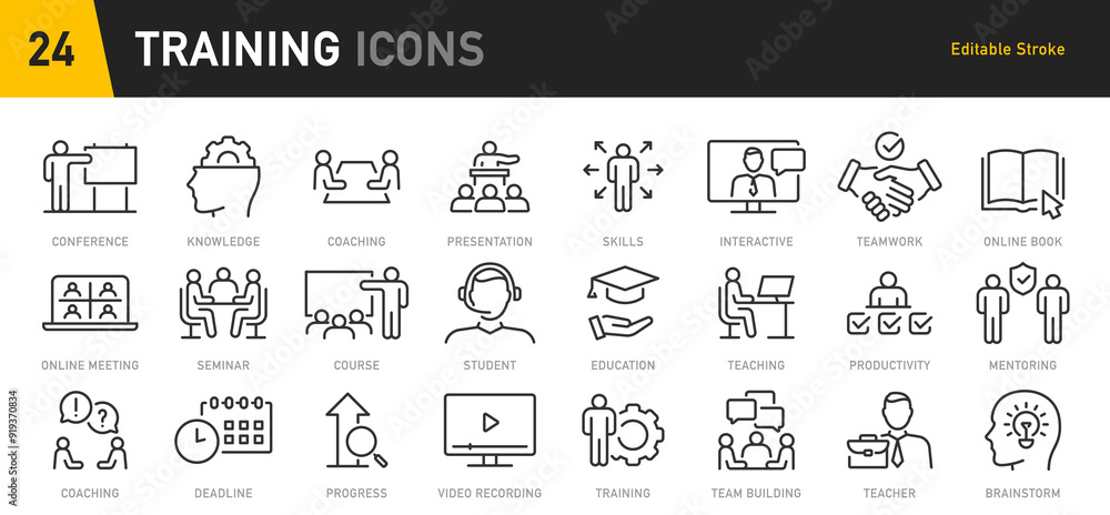 © iiierlok_xolms - Training web icons in line style. Education, seminar, online test, webinar, course, distance learning collection. Vector illustration.