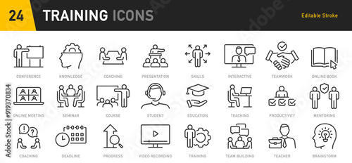 Training web icons in line style. Education, seminar, online test, webinar, course, distance learning collection. Vector illustration.