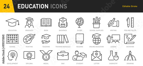 Education web icons in line style. School, university, success, academic, textbook, distance learning, collection. Vector illustration.