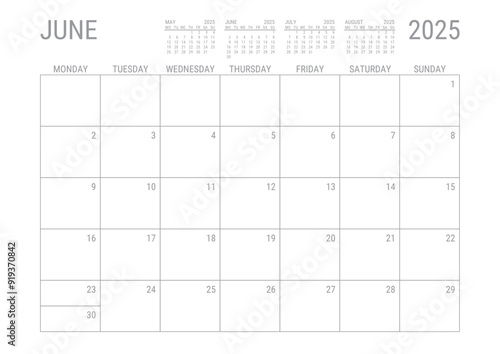 June Calendar 2025 Monthly Planner Printable A4 Monday Start	