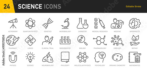 Science web icons in line style. Genetics, biology, chemistry, astronomy, logics, psychology, medicine, collection. Vector illustration.