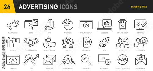 Advertising web icons in line style. Marketing, seo, feedback, analysis, social media, collection. Vector illustration.