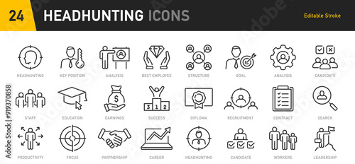 Headhunting web icons in line style. Recruitment, career, resume, work group, candidate, job hiring, collection. Vector illustration.