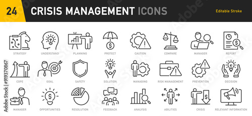 Crisis management web icon set in line style. Management, risk, business strategy, feedback, assessment, protection, crisis, collection. Vector illustration.