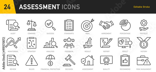 Assessment web icon in line style. Calculator, check mark, auditing, inspection, investment, calculation, analytics, collection. Vector illustration.