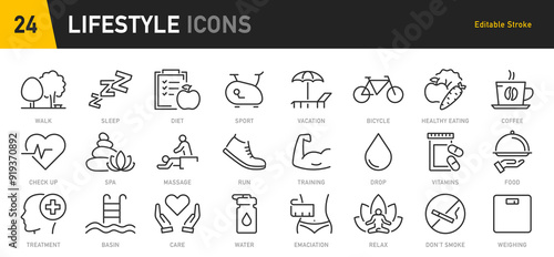 Lifestyle web icon set in line style. Healthcare, healthy lifestyle, health, diet, healthy food, exercise, sleep, collection. Vector illustration.