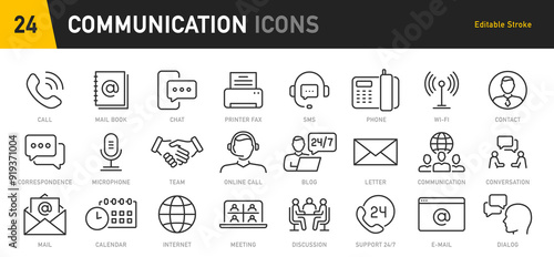 Communication web icon in line style. Chat, speech bubble, talking, point, chat, support, message, phone, globe, call, info collection. Vector illustration.