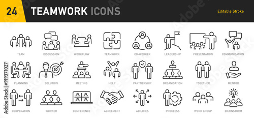 Teamwork icon in line style. Team, business people, human resources, collaboration, research, meeting, partnership, support, businessman. Collection. Vector illustration.