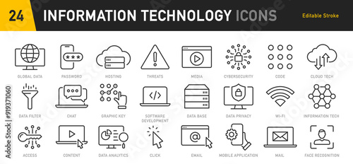 Information Technology web icon set in line style. Network, web design, website, computer, software, progress,programming, data, internet, collection. Vector illustration.