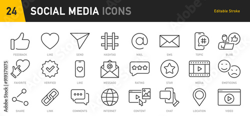 Social Media and web icon in line style. Data analytics, blogging, seo, digital marketing, like, management, message, phone, collection. Vector illustration.