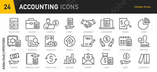 Accounting web icon in line style. Assessment, calculator, check mark, auditing, inspection, investment, calculation, analytics, collection. Vector illustration.