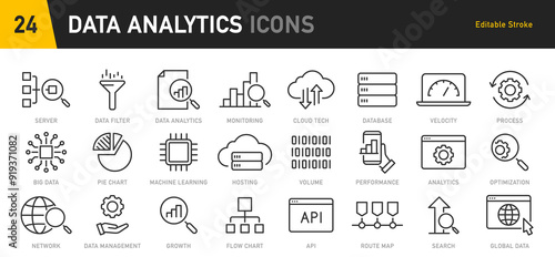 Data Analytics web icon in line style. Graphs, analysis, big data processing, growth, statistics, analytics, chart, research network collection. Vector illustration.