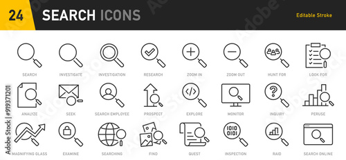 Search web icons in line style. Magnify glass, web search, find document, interface, collection. Vector illustration.