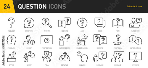 Question web icons in line style. Question mark, insecure person, confused, quiz question, collection. Vector illustration.