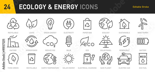 Ecology and Energy web icons in line style. Nature green, electric car, organic, renewable energy, green technology, environmental energy collection. Vector illustration.