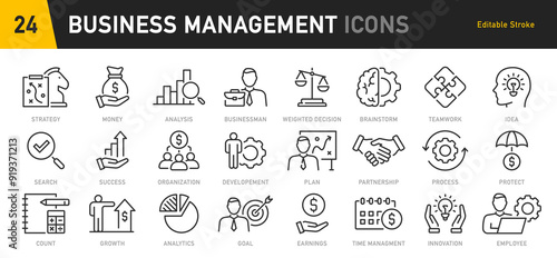 Business Management web icons in line style. Manager, strategy, businessman, partnership, meeting, work group, collection. Vector illustration.