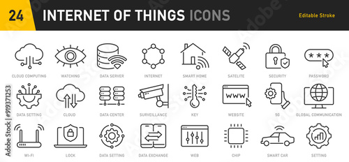 Internet of things web icons in line style. Digital technology, data, network, cloud computing, business, collection. Vector illustration.