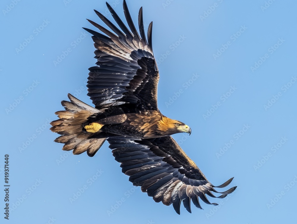 Obraz premium eagle soaring with wings fully spread, gliding gracefully through a clear blue sky.