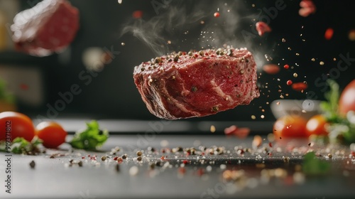 A piece of meat with pepper and herbs on top of a wooden cutting board photo