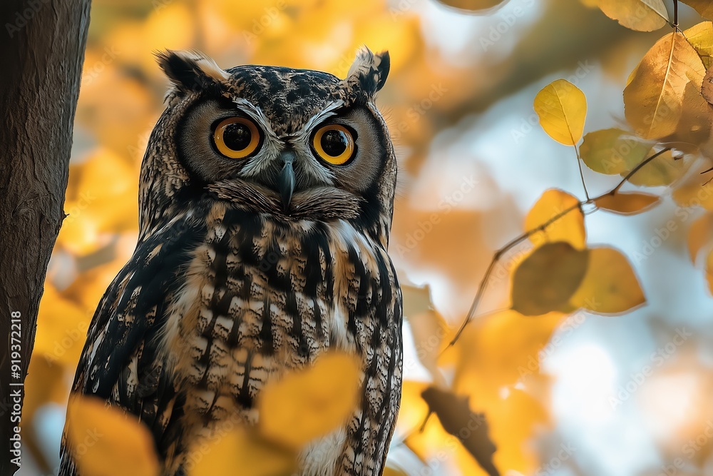 An observant owl sits perched on a tree branch surrounded by the vibrant autumn foliage, capturing nature's beauty. An observant owl sits perched on a tree branch surrounded by the vibrant autumn foliage, capturing nature's beauty.