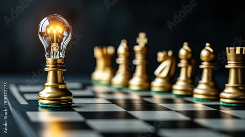 A chessboard with a lightbulb replacing the king piece, representing strategic innovation in decisionmaking