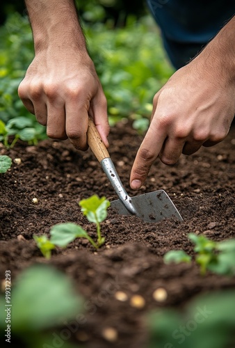 Hands holding a trowel, digging into the soil to prepare a garden bed for planting