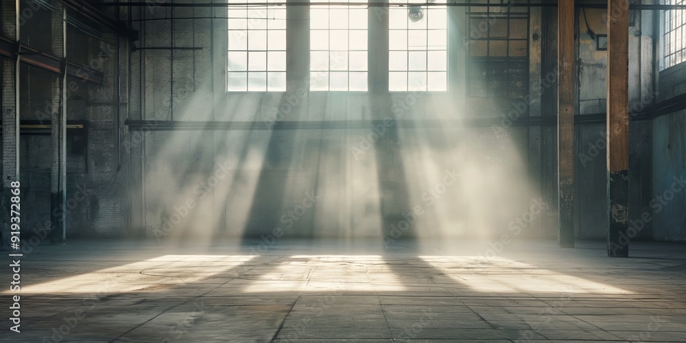 Strong sunlight streams through the large windows of an empty warehouse, creating dramatic patterns on the floor. Strong sunlight streams through the large windows of an empty warehouse, creating dramatic patterns on the floor.